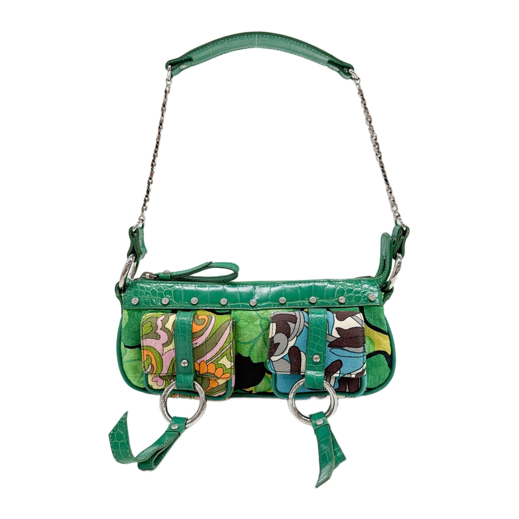 Variante Abbina Crocodile Leather Trim Green Canvas Shoulder Bag
