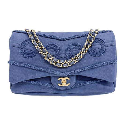 Jumbo Classic Flap 2019 Coco Mark Navy Blue Denim Shoulder Bag