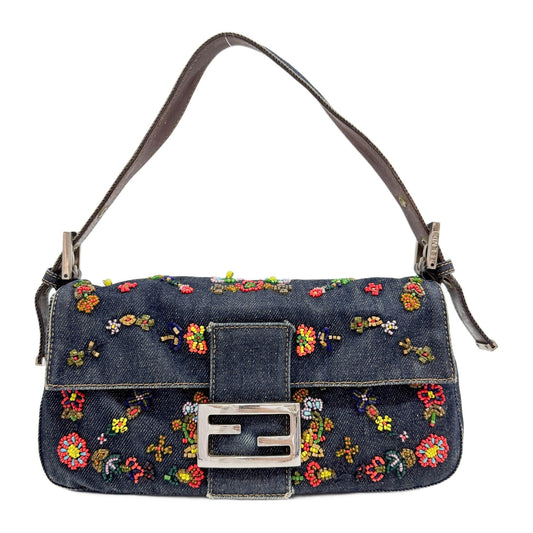 Baguette Floral Beaded Blue Denim Shoulder Bag
