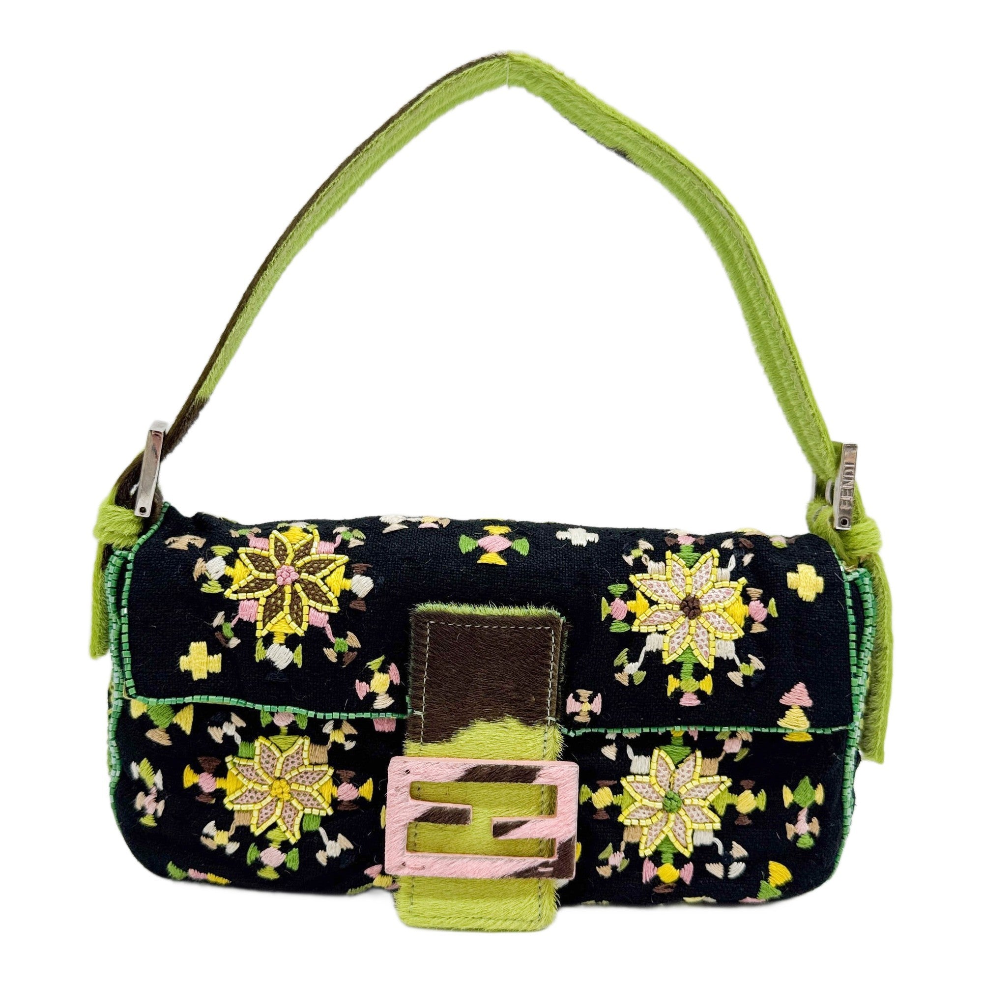 Baguette Floral Beaded Black Cotton Shoulder Bag