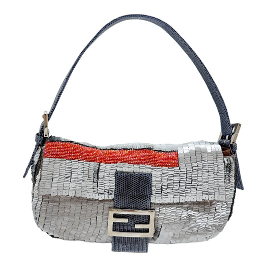 Baguette Silver with Orange Stripe Sequin Lizard Embossed Leather Shoulder Bag