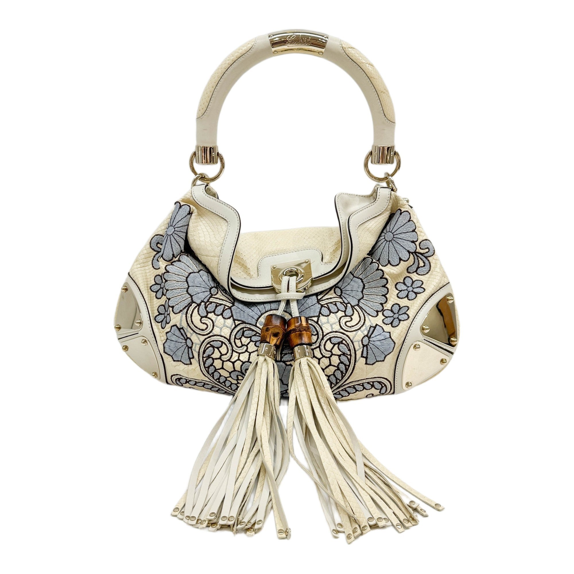 Indy Flower Embroidery White Embossed Python Leather Shoulder Bag