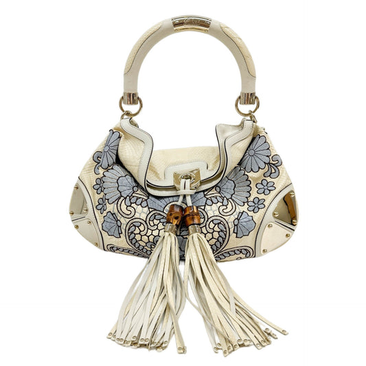 Indy Flower Embroidery White Embossed Python Leather Shoulder Bag