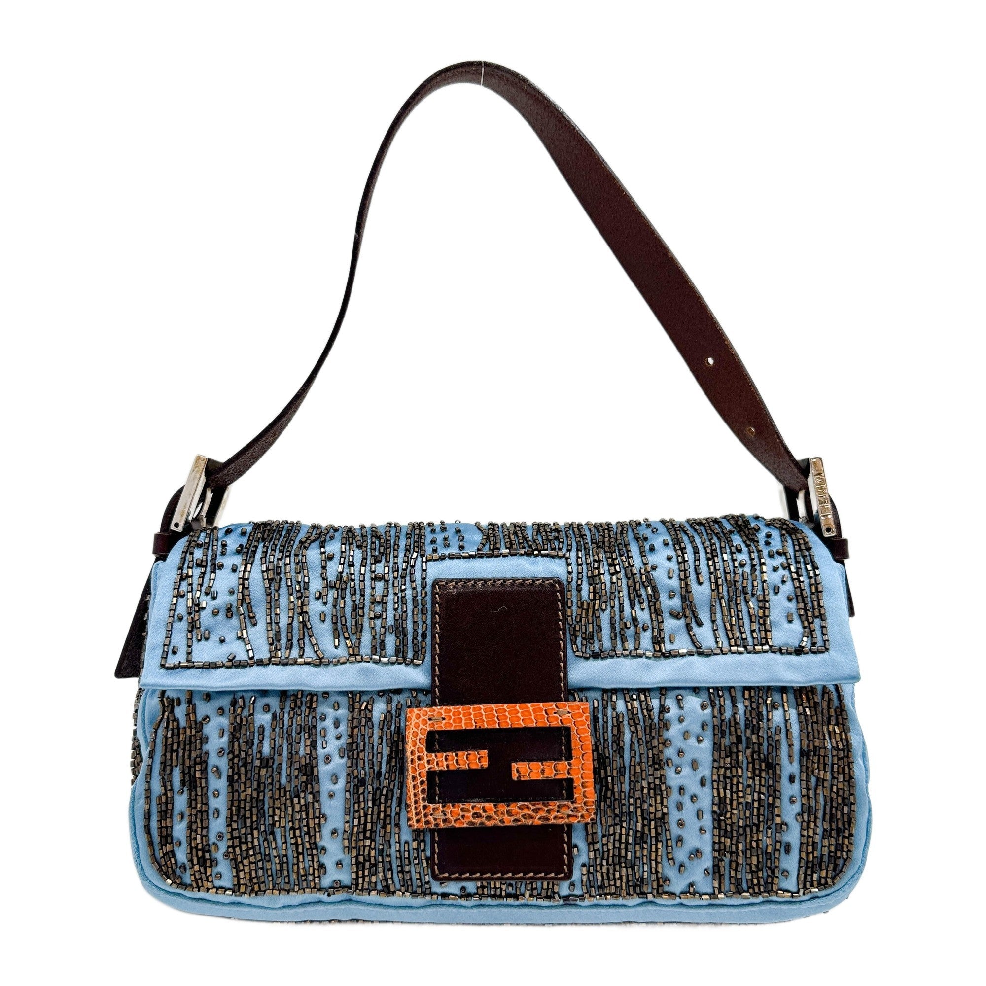 Baguette Bead Embroidered Light Blue Satin Shoulder Bag