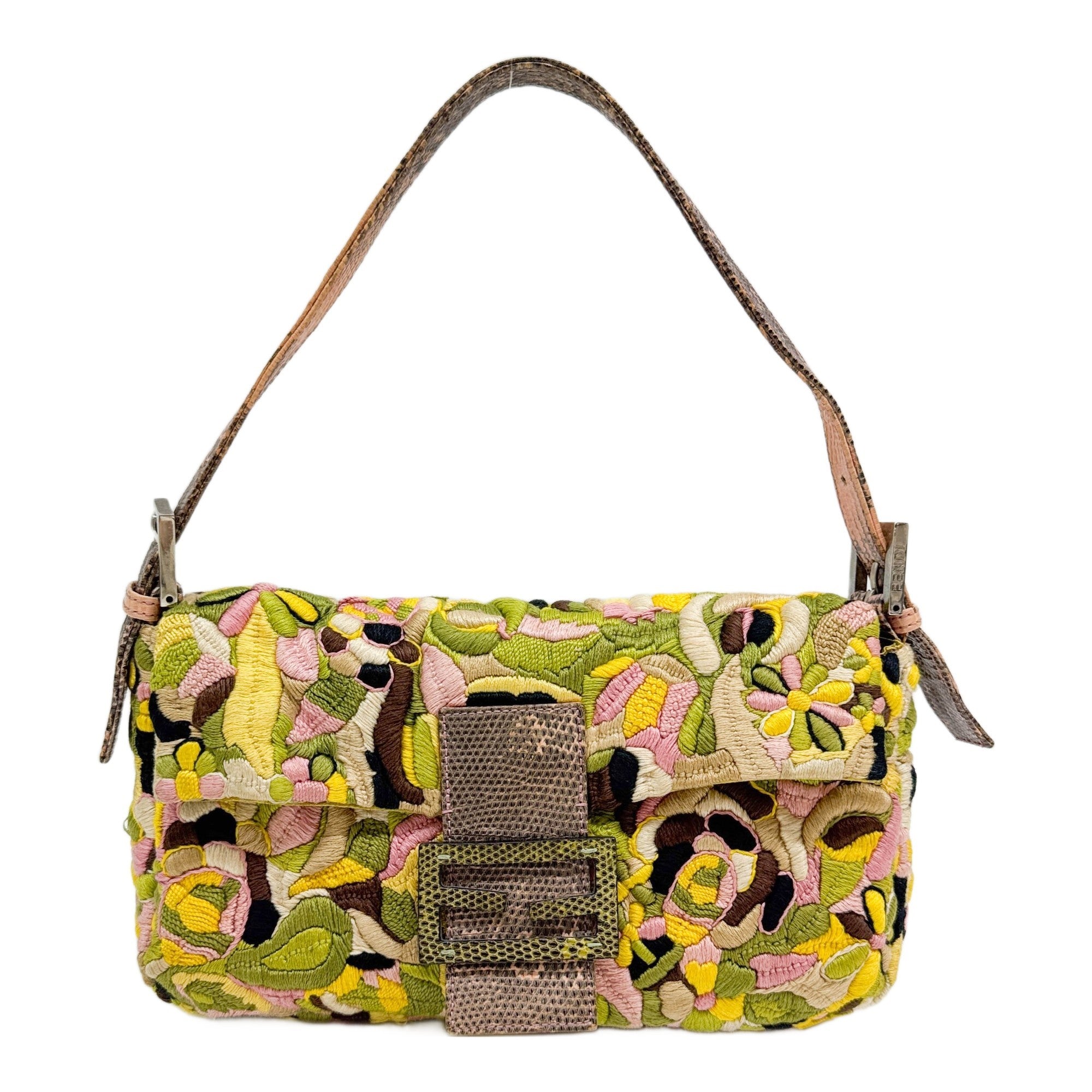 Baguette Lizard Leather Strap Floral Embroidered Multicolor Cotton Shoulder Bag
