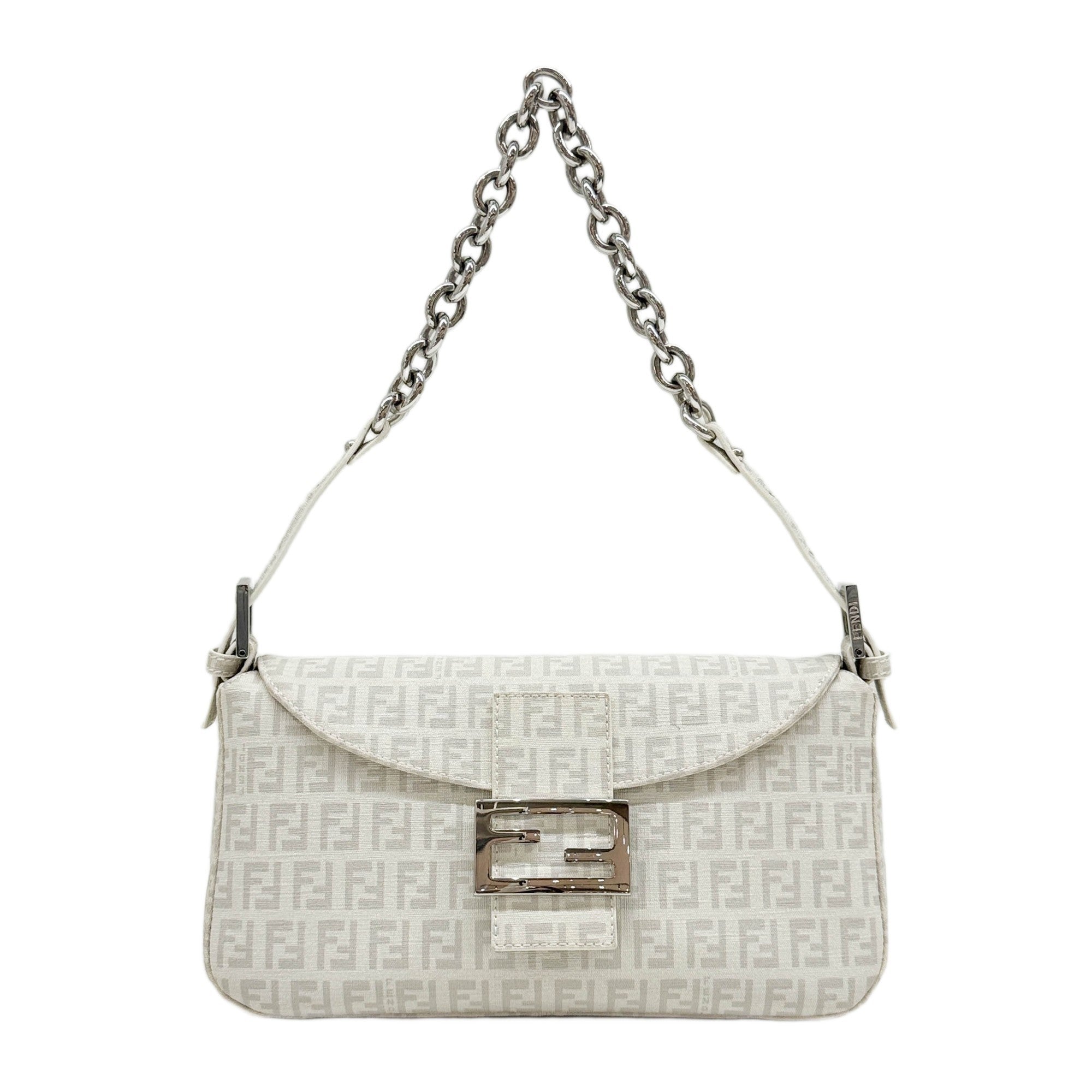 Baguette Chain Strap White Zucchino Canvas Shoulder Bag