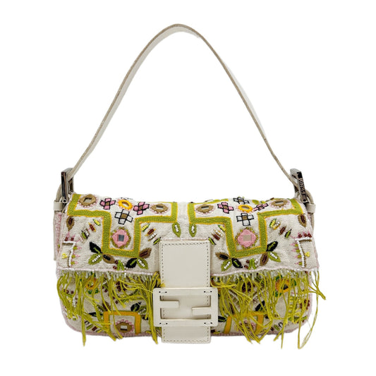 Baguette Multicolor Embroidery and Beaded White Canvas Shoulder Bag