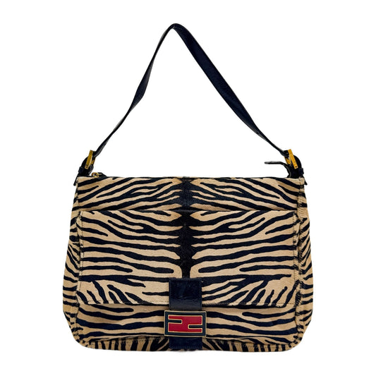Large Mamma Baguette Front Pocket Flap Brown Zebra Print Pony Hair Shoulder Bag