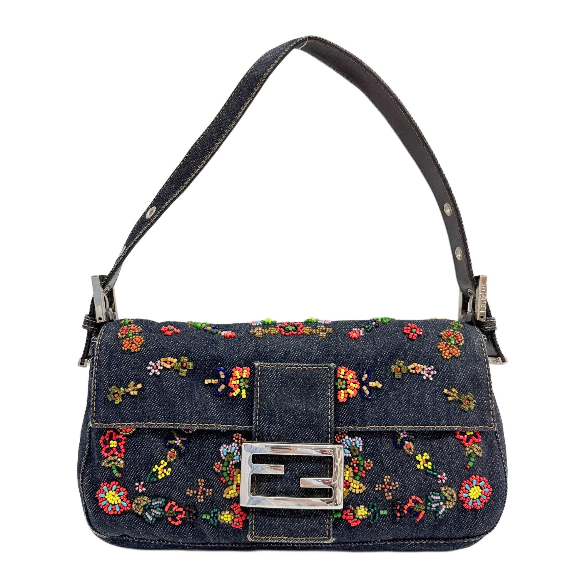 Baguette Flower Beaded Navy Denim Shoulder Bag