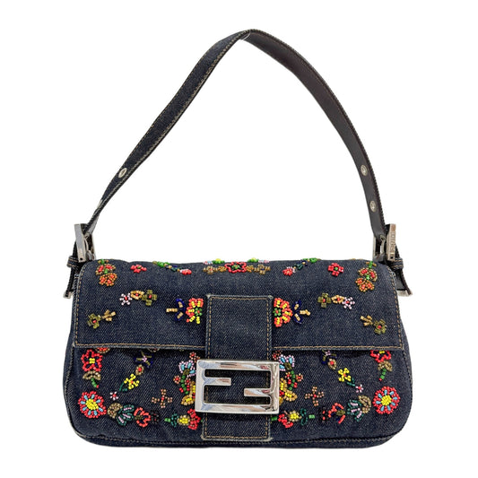 Baguette Flower Beaded Navy Denim Shoulder Bag