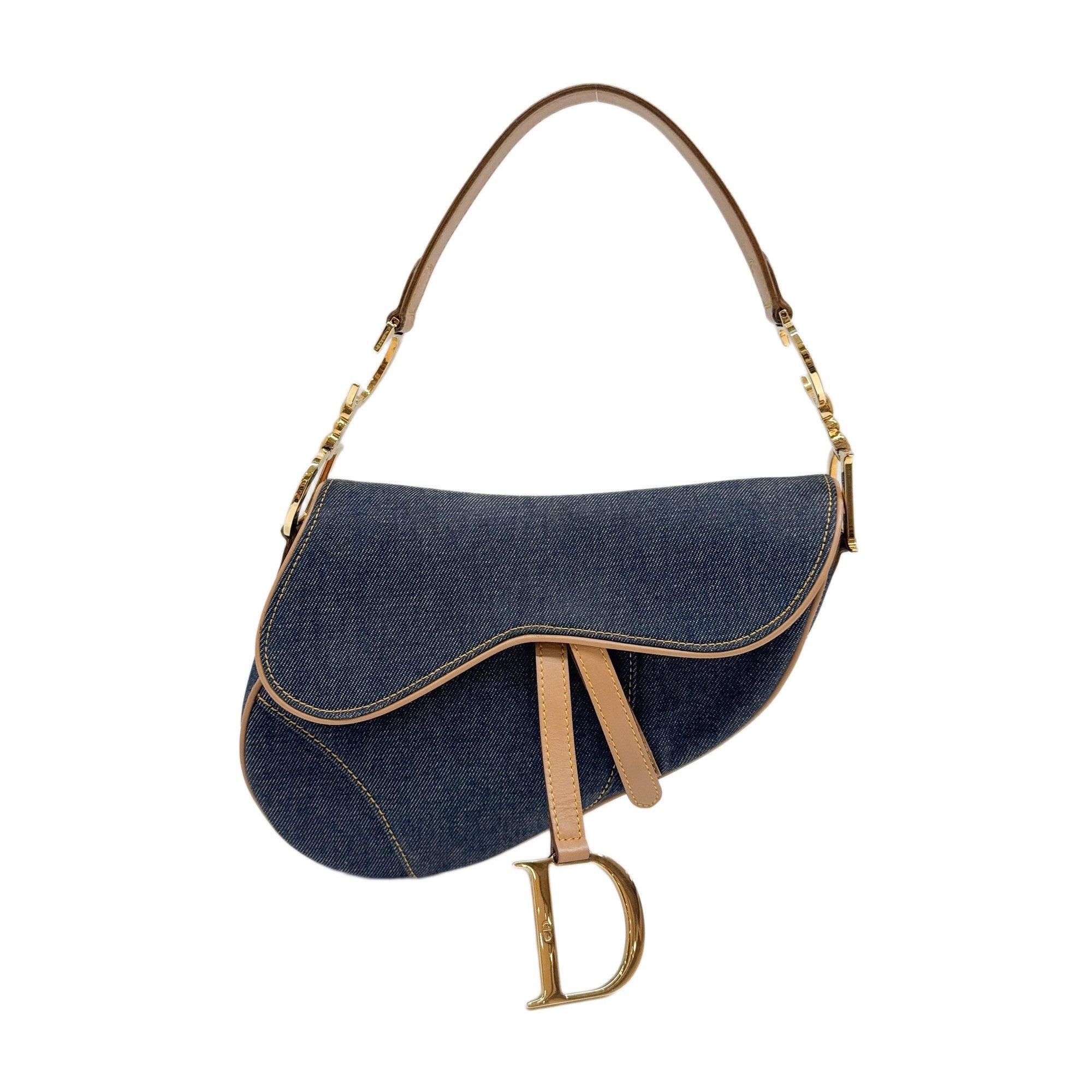 Saddle Beige Leather Trim Blue Denim Shoulder Bag