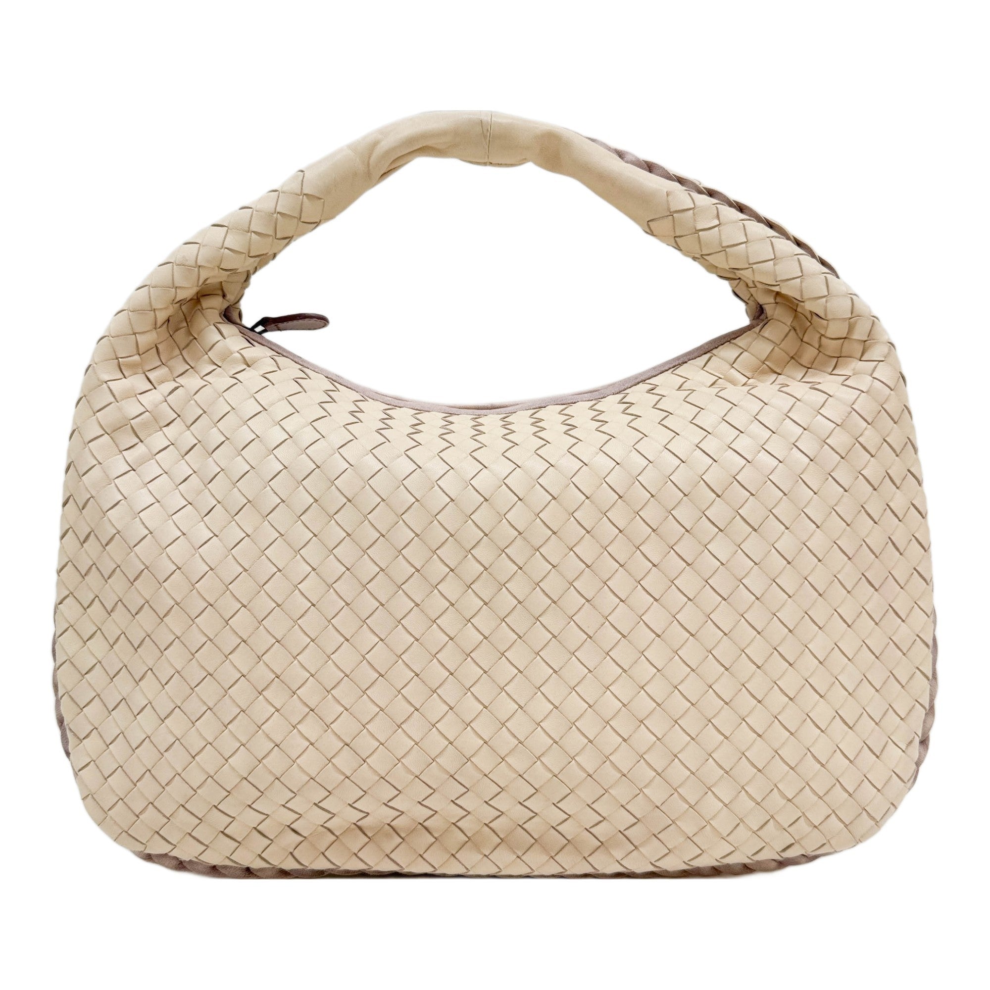 Intrecciato Beige Leather Hobo Shoulder Bag