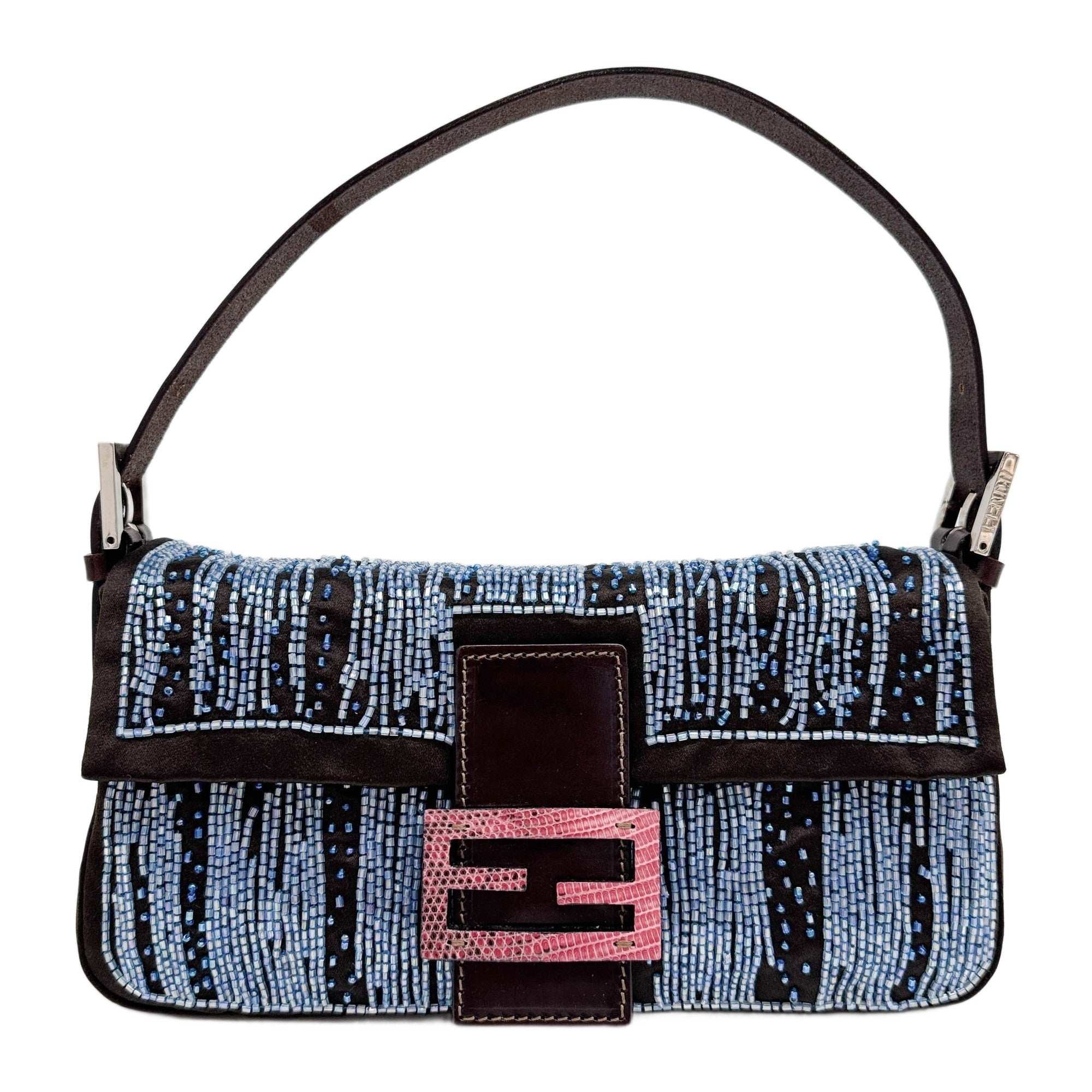 Baguette Brown Satin Blue Beads Shoulder Bag