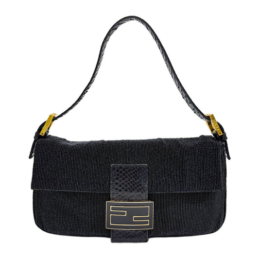 Baguette Black Beaded with Python Embossed Leather Shoulder Bag
