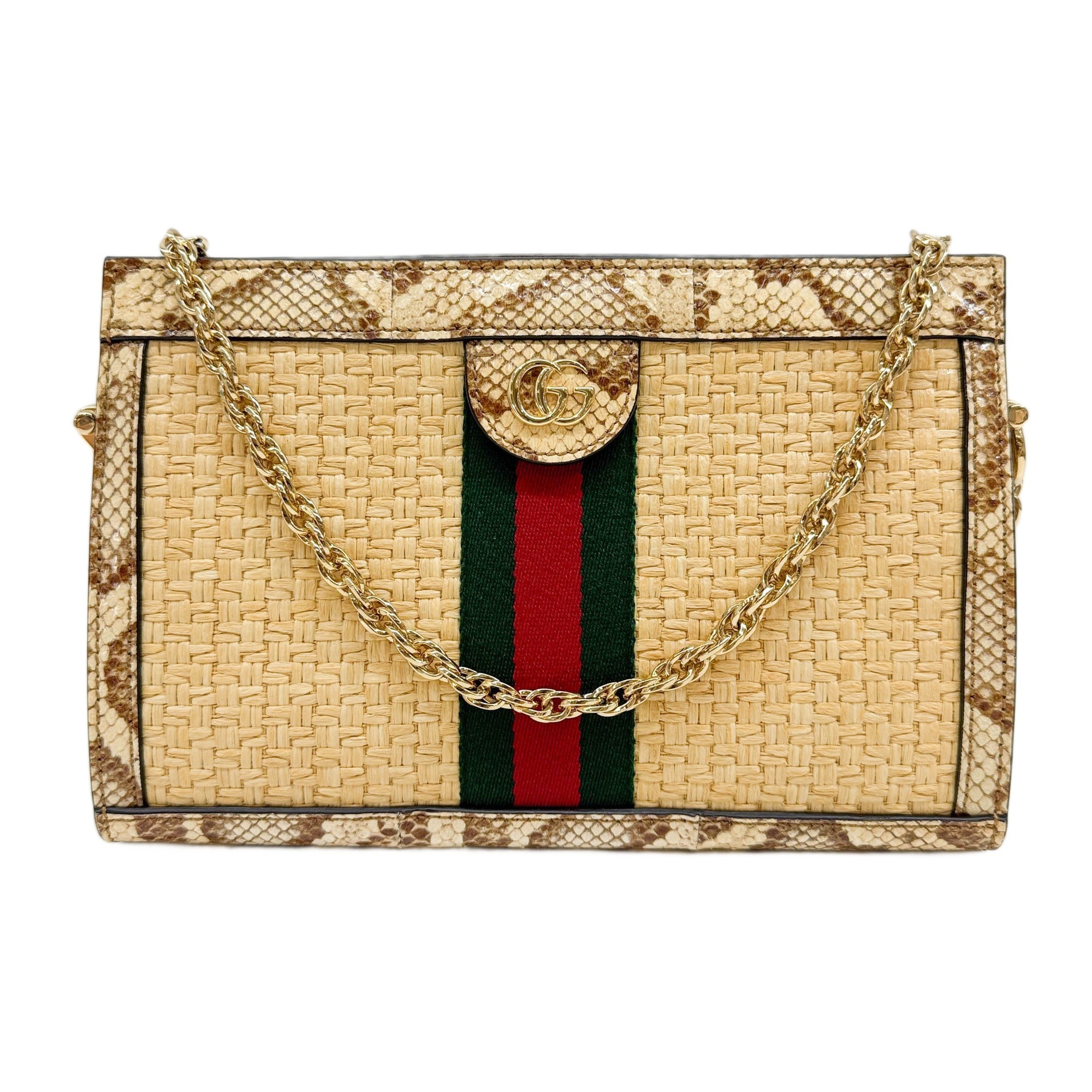 Small Ophidia GG Snakeskin Trim Beige Raffia Shoulder Bag