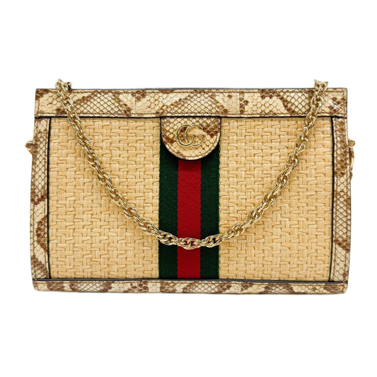 Small Ophidia GG Snakeskin Trim Beige Raffia Shoulder Bag