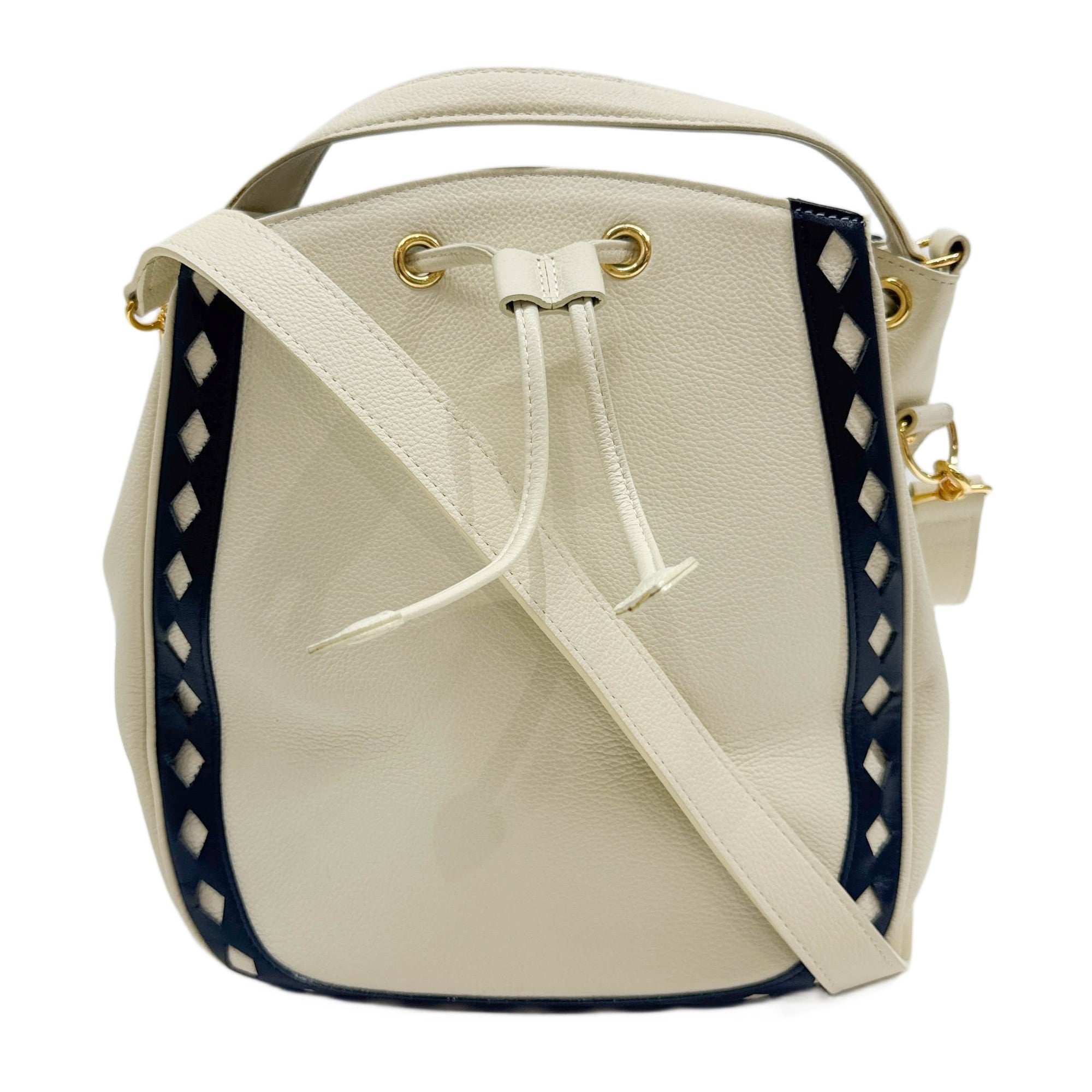 Beige Leather Black Cutout Frame Detail Handle Bag