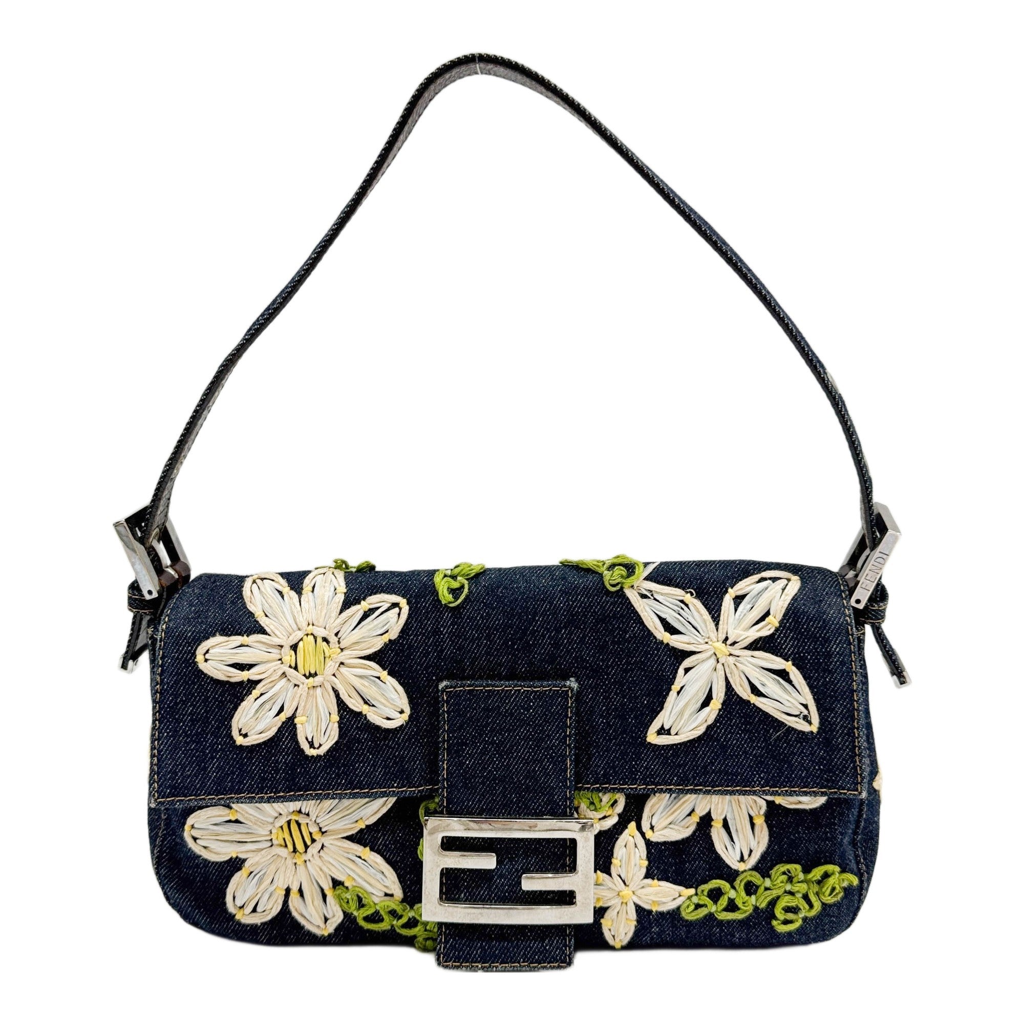 Baguette Rafia Embroidered Navy Denim Shoulder Bag