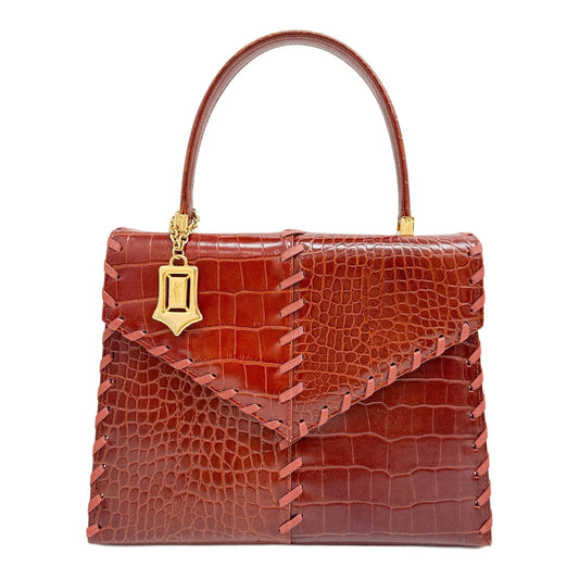 Red Brown Crocodile Embossed Leather Hand Bag