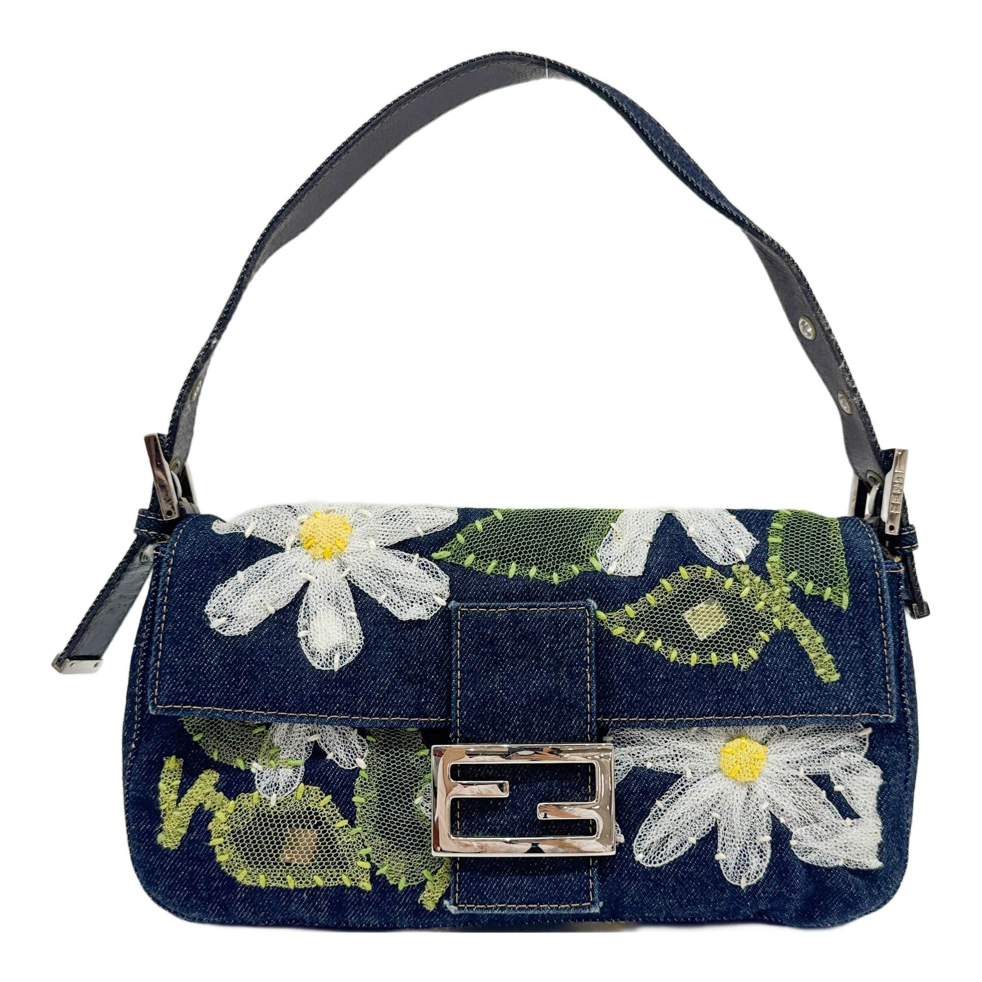 Baguette Flower Lace Embroidery Denim Shoulder Bag