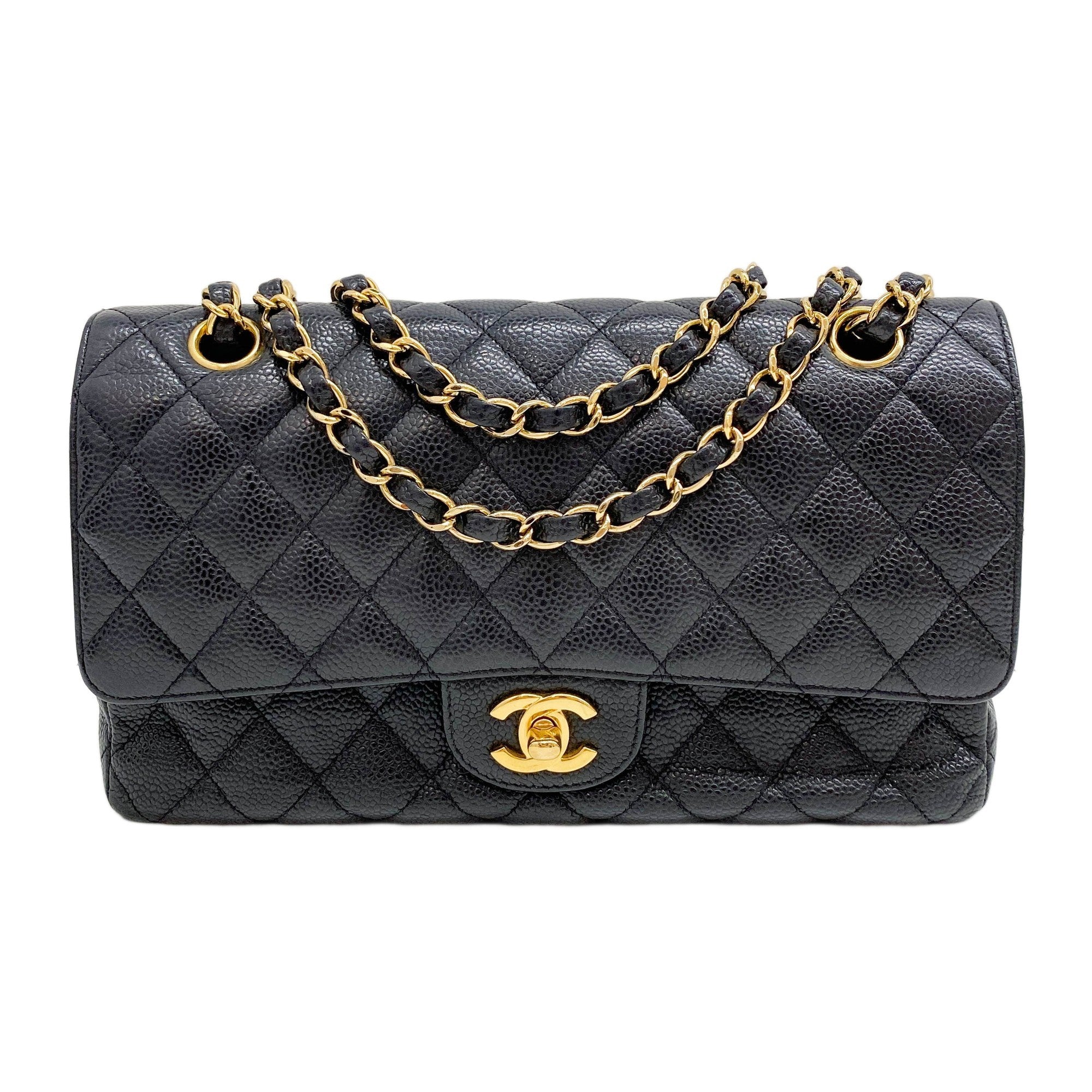 Double Flap 2019-2020 Black Caviar Skin Leather Chain Shoulder Bag