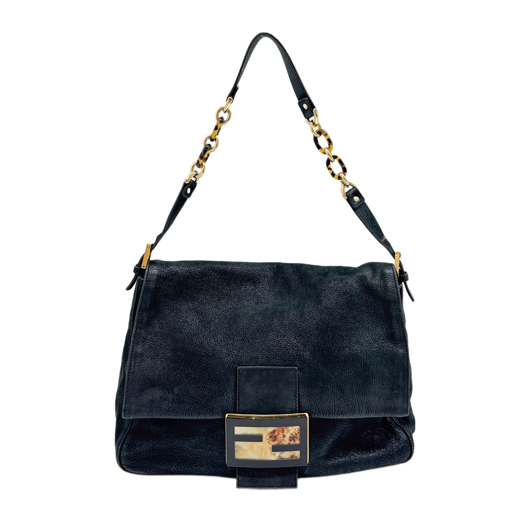 Maxi Mamma Baguette Glittery Black Leather Shoulder Bag
