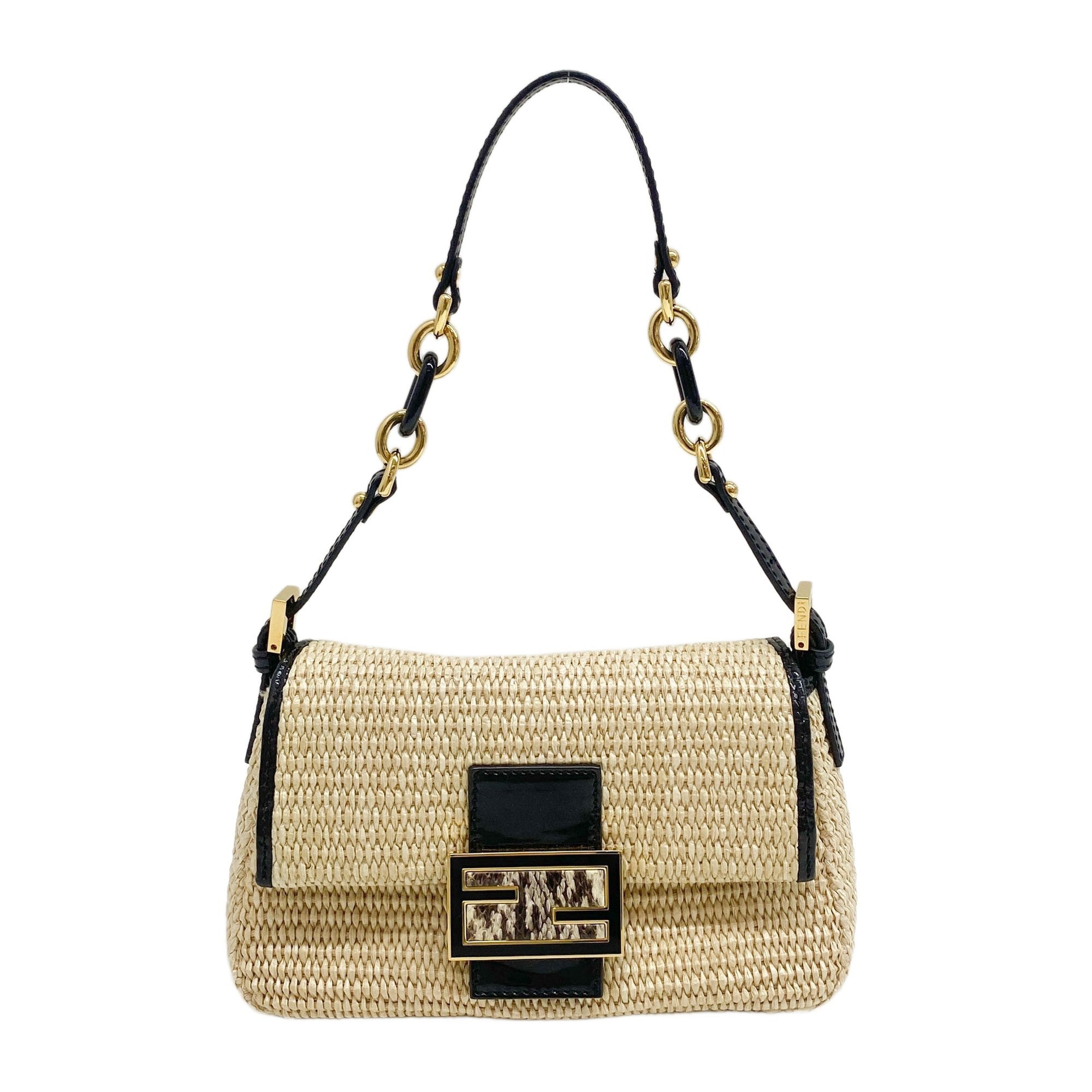 Mini Mamma Baguette Black Leather Trim Beige Raffia Shoulder Bag