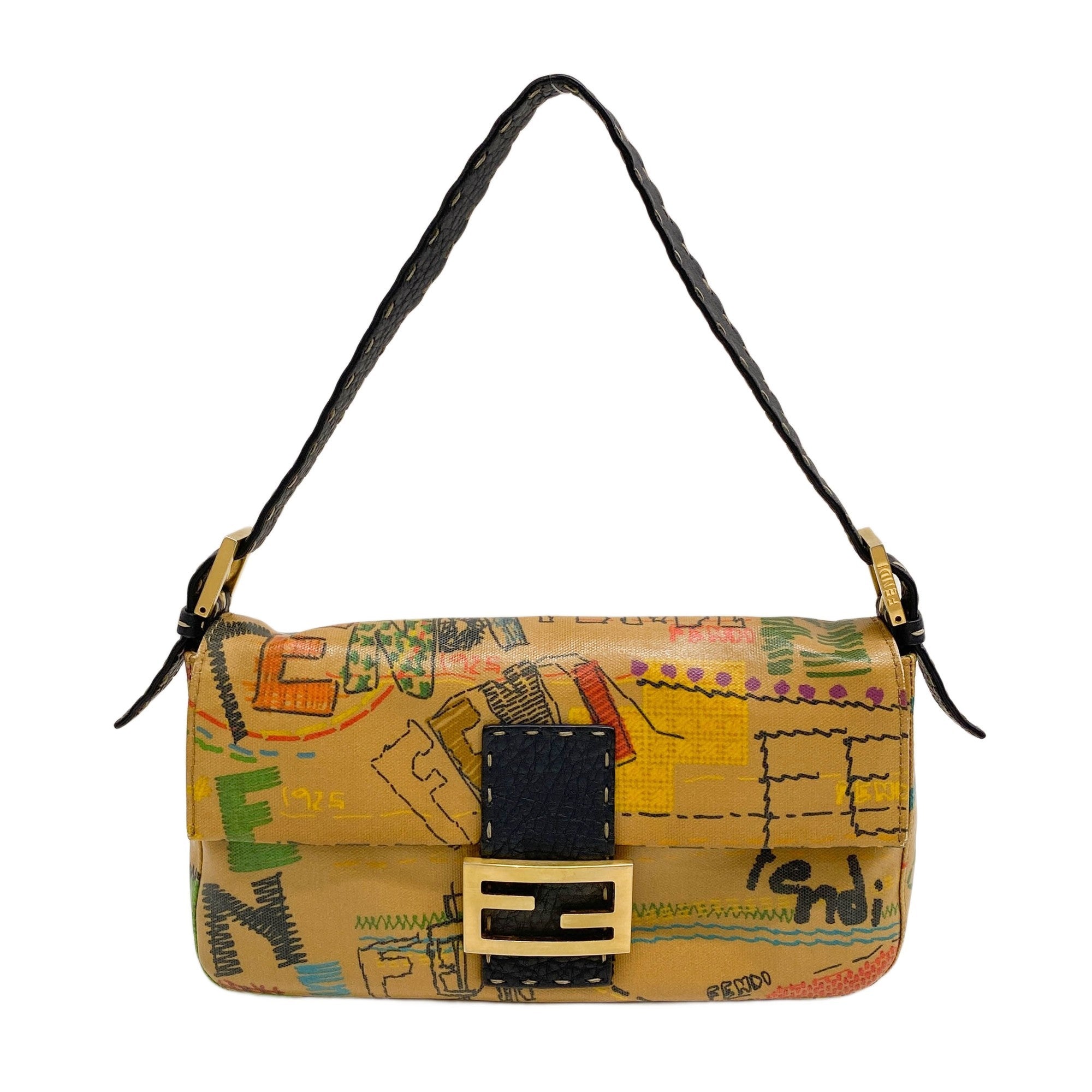Fendi x Antonio Lopez Baguette Graffiti Design Brown Coated Canvas Shoulder Bag