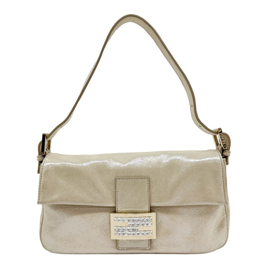 Baguette Rhinestone Logo Glittery Beige Leather Shoulder Bag
