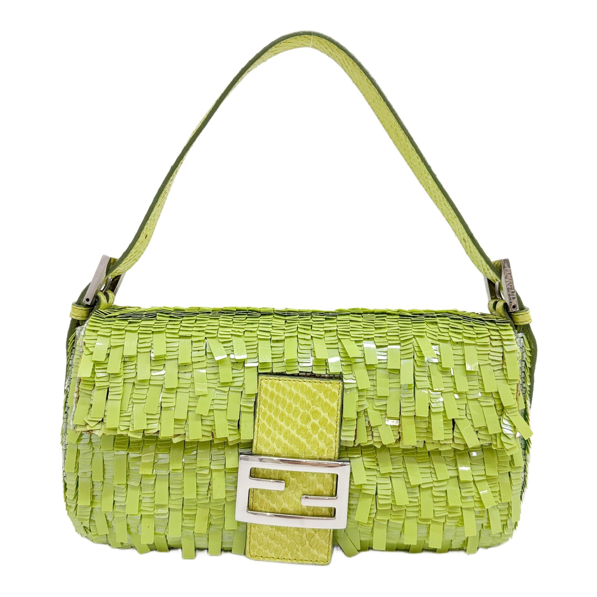Baguette Python Leather Trim Lime Green Sequin Shoulder Bag