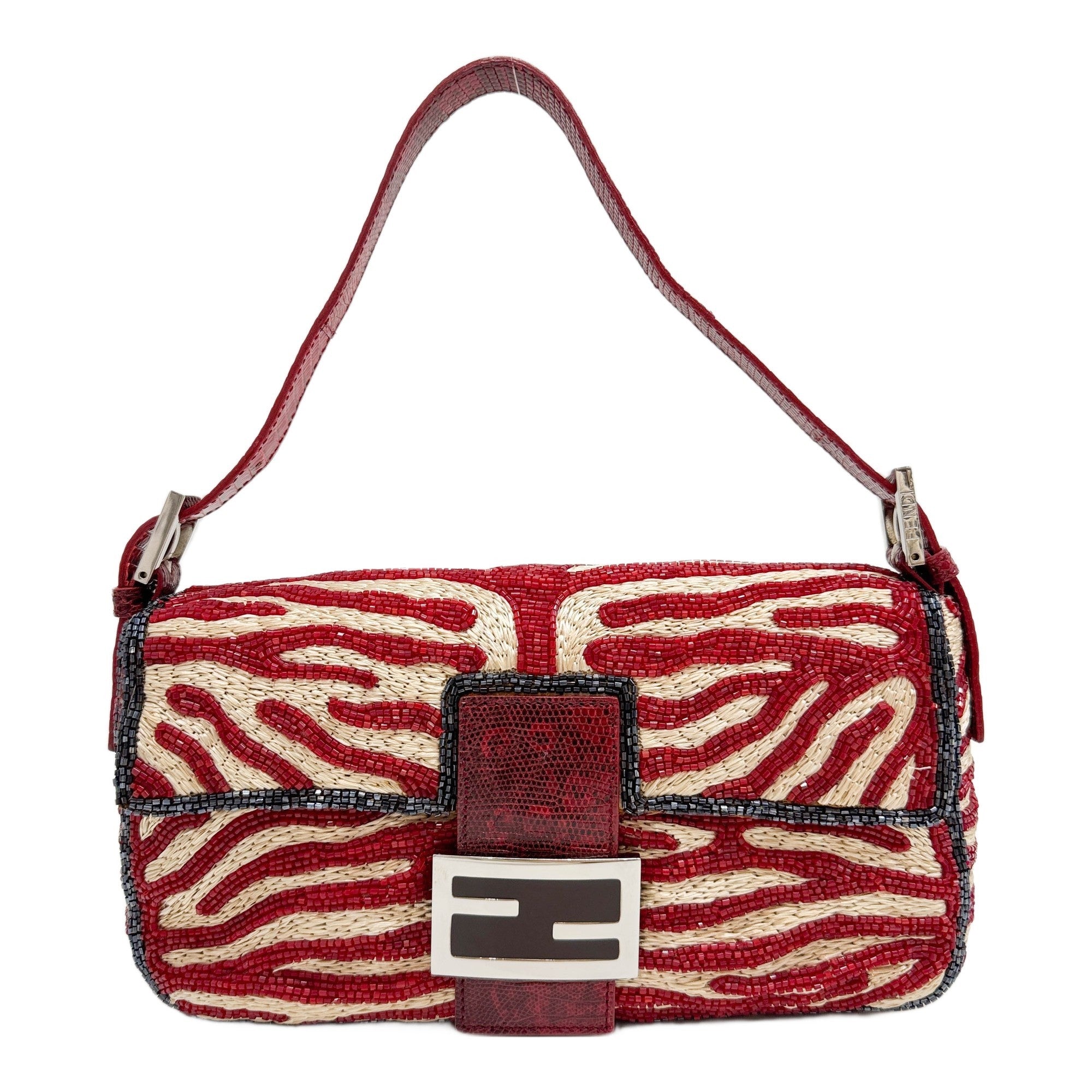 Baguette Python Trim Red Beaded Zebra Print Beige Raffia Shoulder Bag