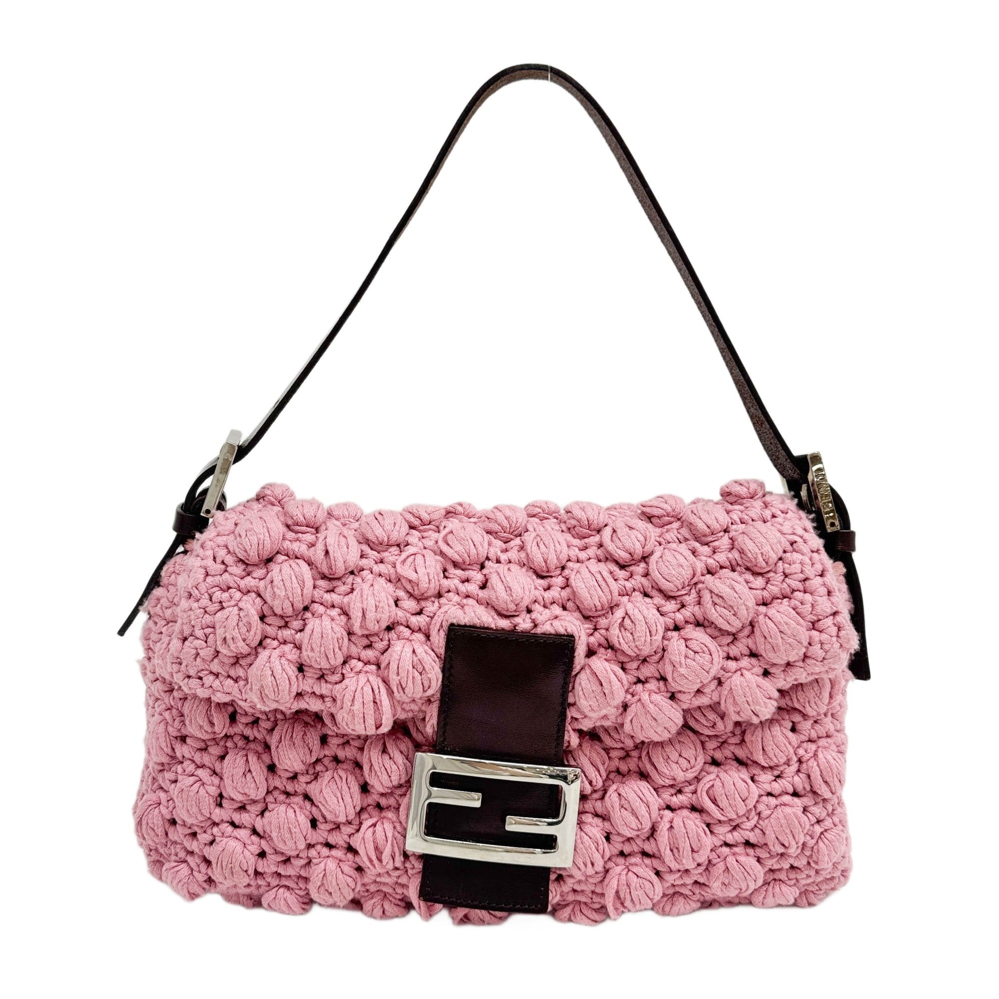 Baguette Popcorn Knit Pink Wool Shoulder Bag
