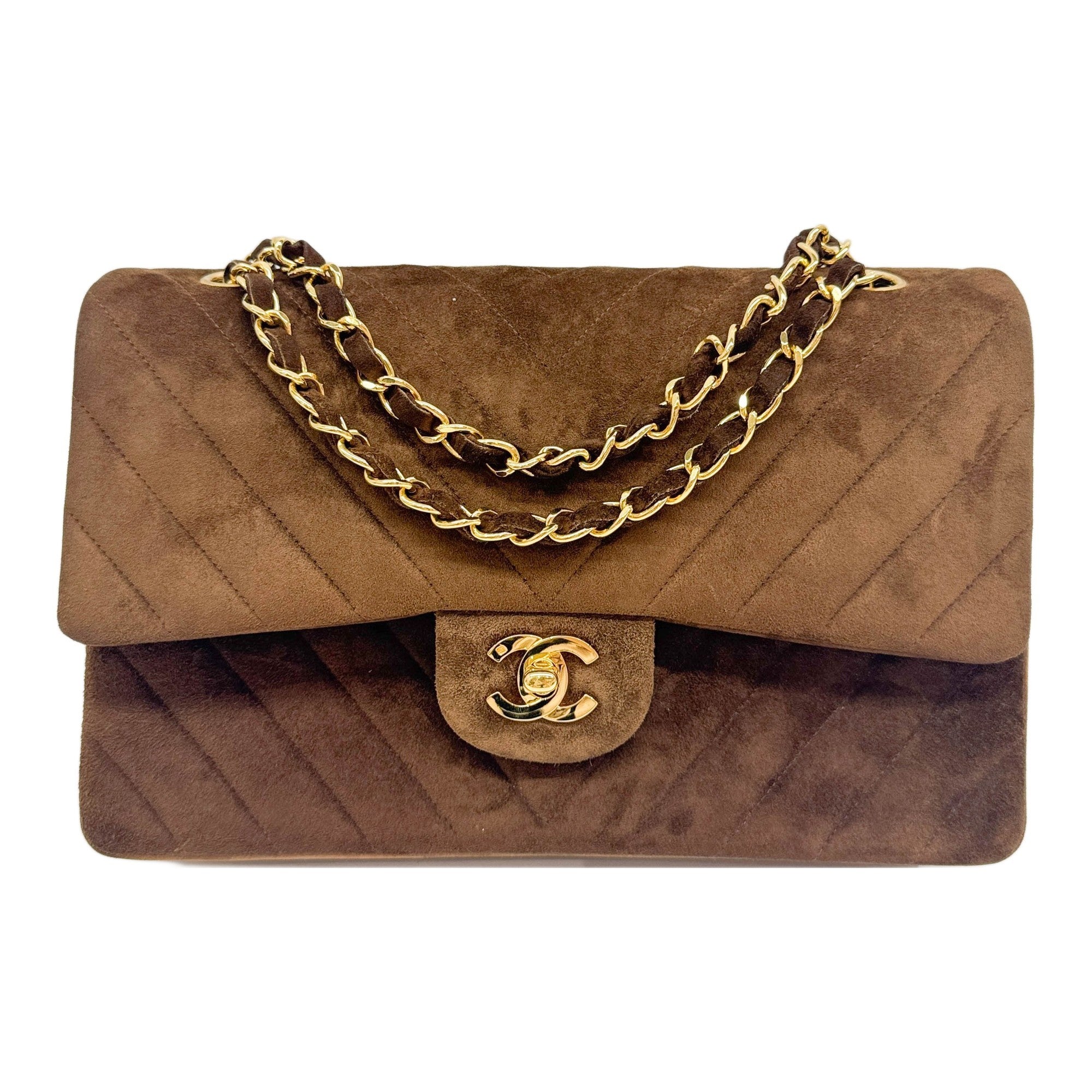 Classic Double Flap 1991-1994 Chevron Brown Suede Shoulder Bag