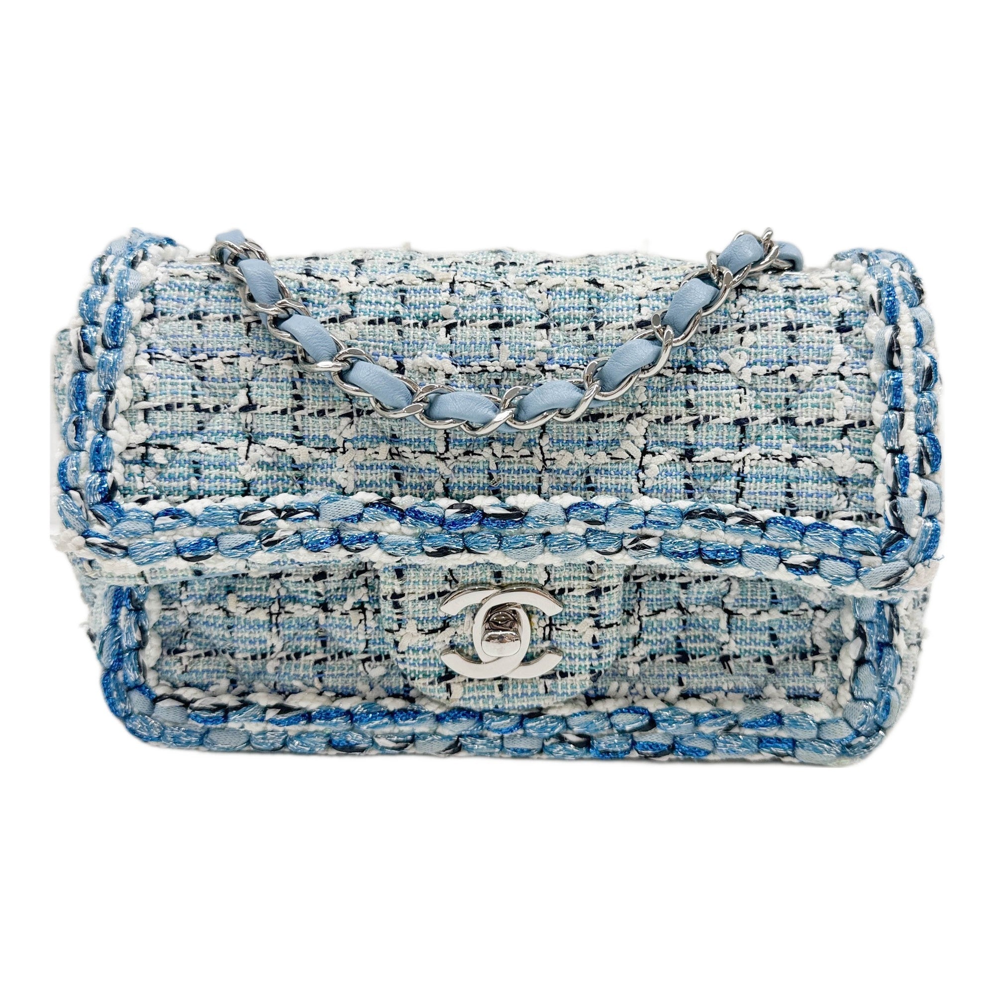 Mini Classic Flap Blue Tweed Chain Shoulder Bag