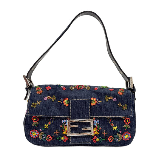 Baguette Flower Beaded Navy Denim Shoulder Bag