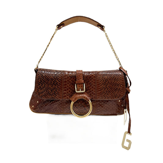 Brown Python Embossed Leather Chain Shoulder Bag