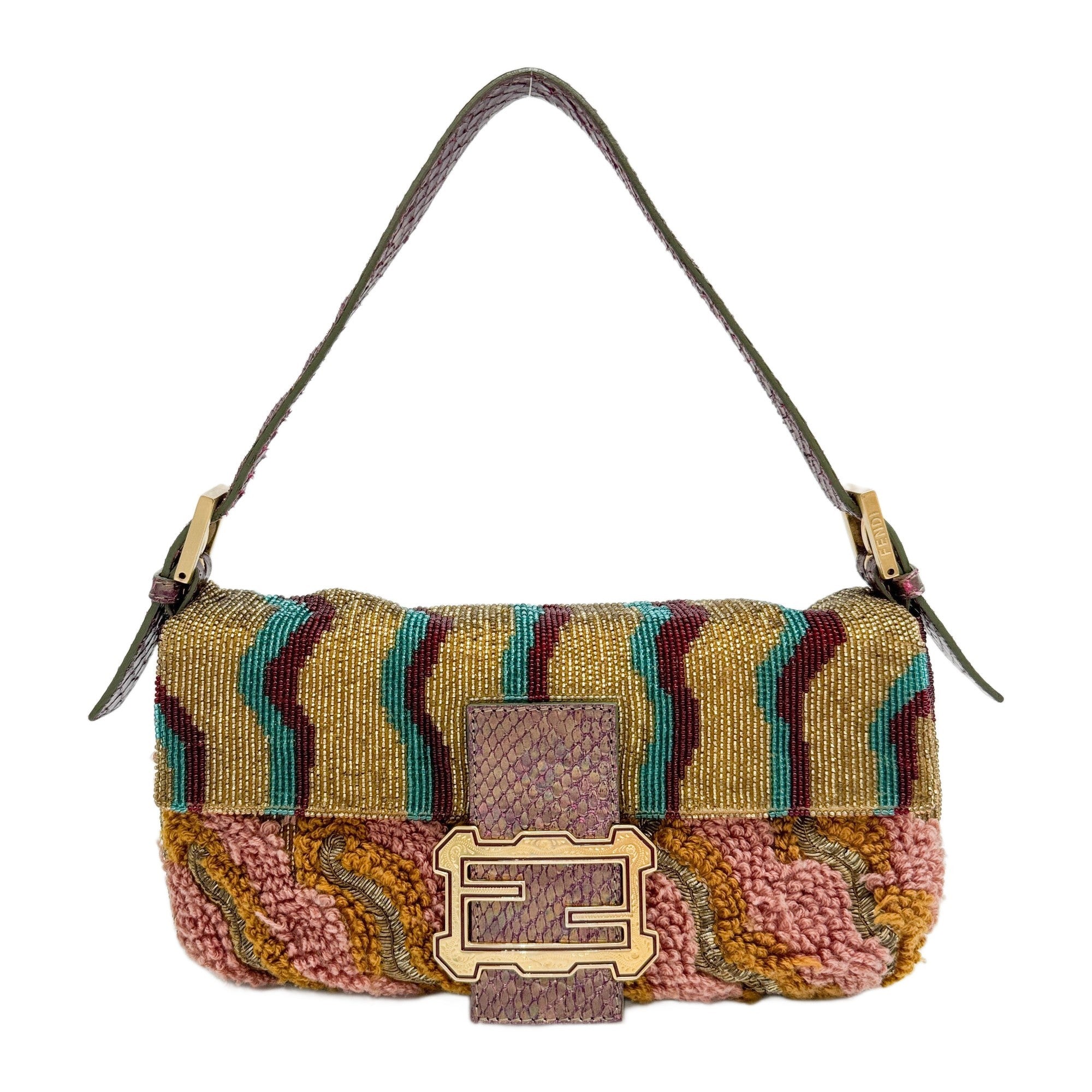 Baguette Wavy Embroidery Multicolor Beaded Shoulder Bag