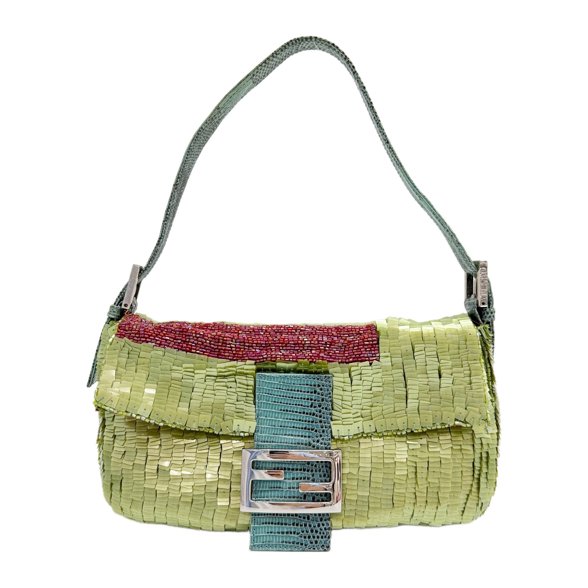 Baguette Blue Lizard Trim Green Beaded Shoulder Bag