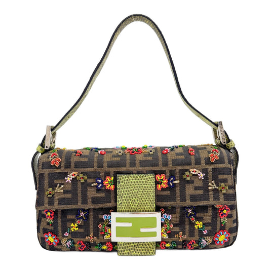 Zucca Little Flower Beads Embroidery Green Lizard Belt Shoulder Bag