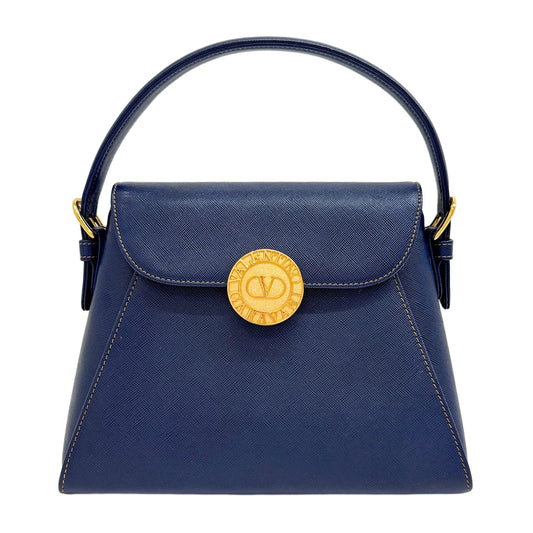 Blue Leather Gold Logo Blue Handle Bag