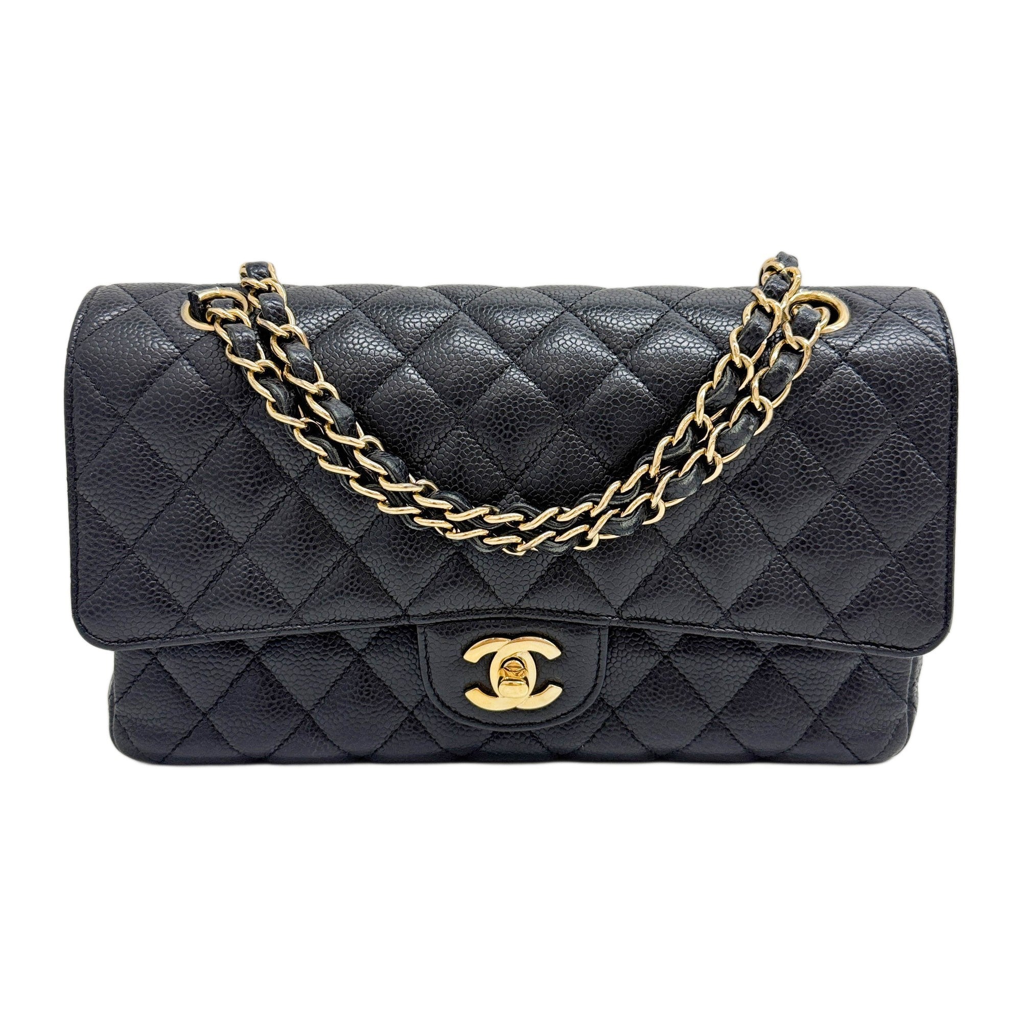 Double Flap 2019 Black Caviar Skin Chain Shoulder Bag