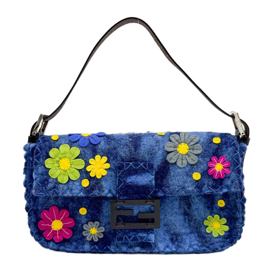 Baguette Floral Embellished Blue Wool Shoulder Bag