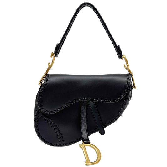 Saddle Woven Black Leather Shoulder Bag