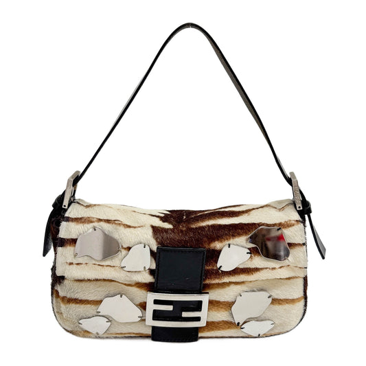 Baguette Mirror Embellished Brown Pony Hair Zebra Print Shoulder Bag