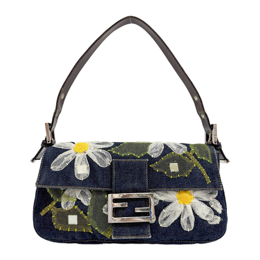Baguette Floral Embroidered Blue Denim Shoulder Bag