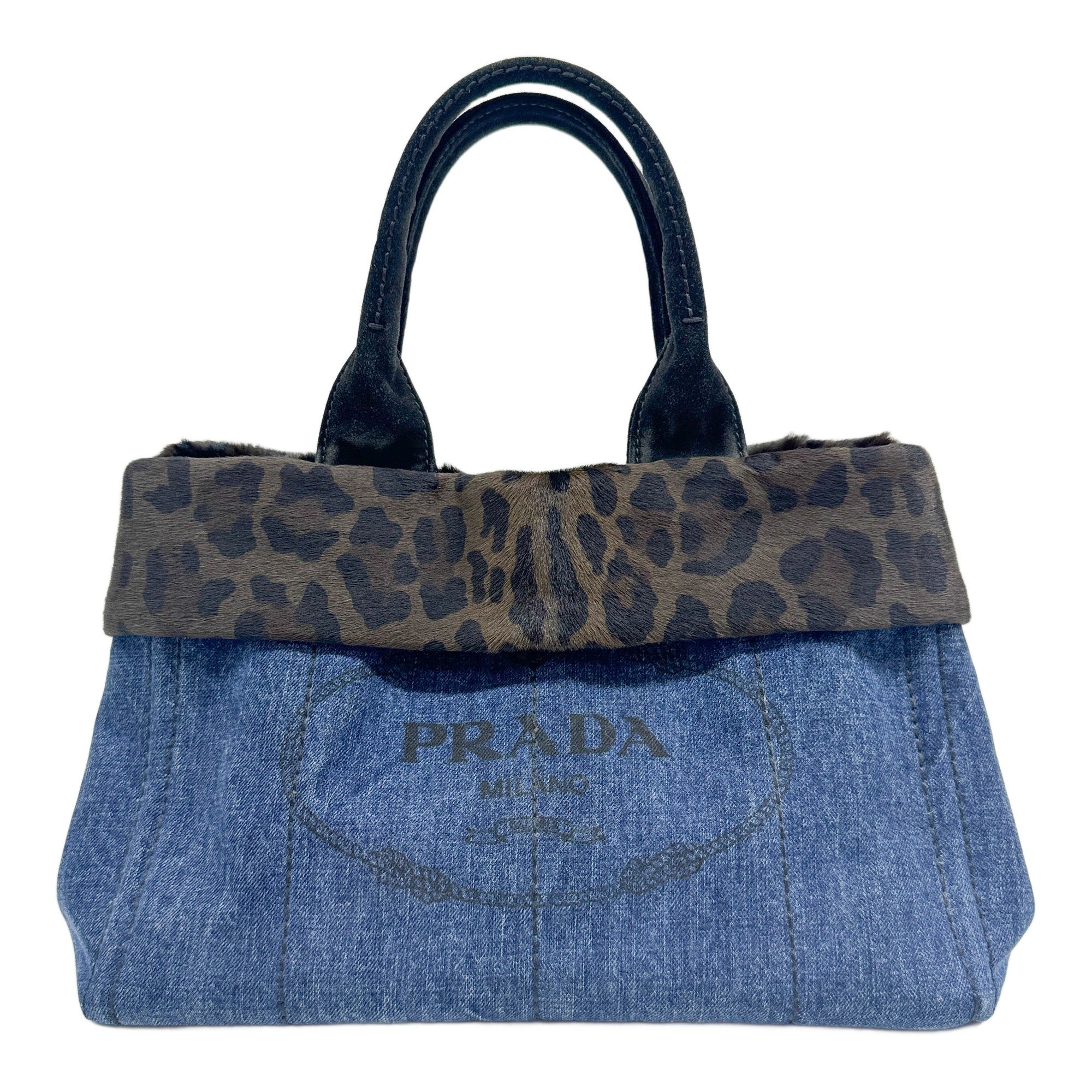 Canapa Brown Cheetah Print Pony Hair Trim Navy Denim Tote Bag