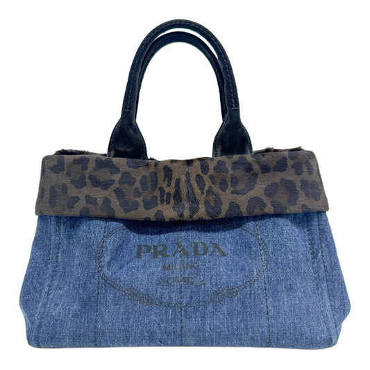 Canapa Brown Cheetah Print Pony Hair Trim Navy Denim Tote Bag
