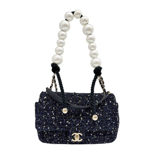 Classic Flap " By The Sea" 2019 Sequin Embellished Black Tweed Two Way Bag