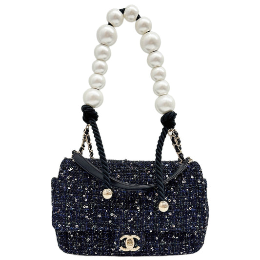 Classic Flap " By The Sea" 2019 Sequin Embellished Black Tweed Two Way Bag