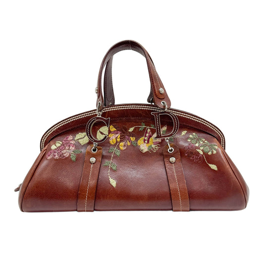Détective Bowler Flower Embroidery Brown Leather Hand Bag